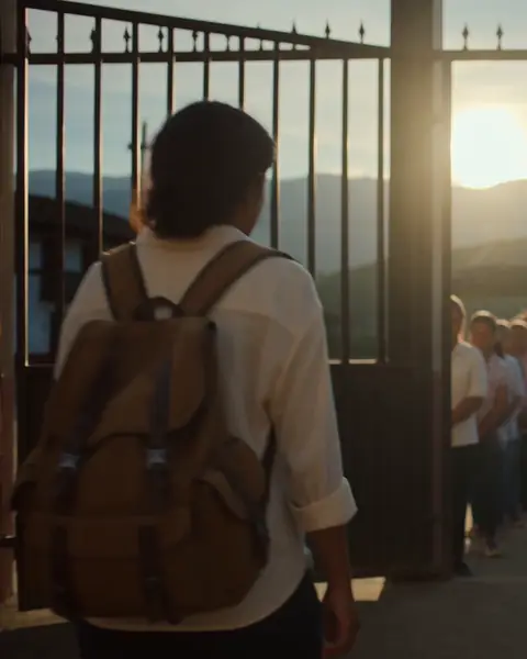Al amanecer, la mujer joven camina hacia la reja abierta de un colegio, junto a una fila tranquila de personas.