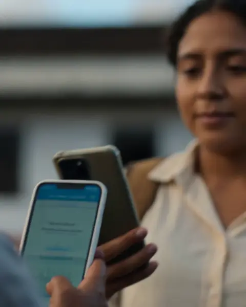 En la plaza, la mujer joven sostiene su celular junto al de su vecina, que le muestra el formulario de inscripción de la campaña.
