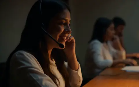 De noche, una voluntaria con diadema habla desde su computador y sonríe; detrás, otros voluntarios llaman en una mesa larga.