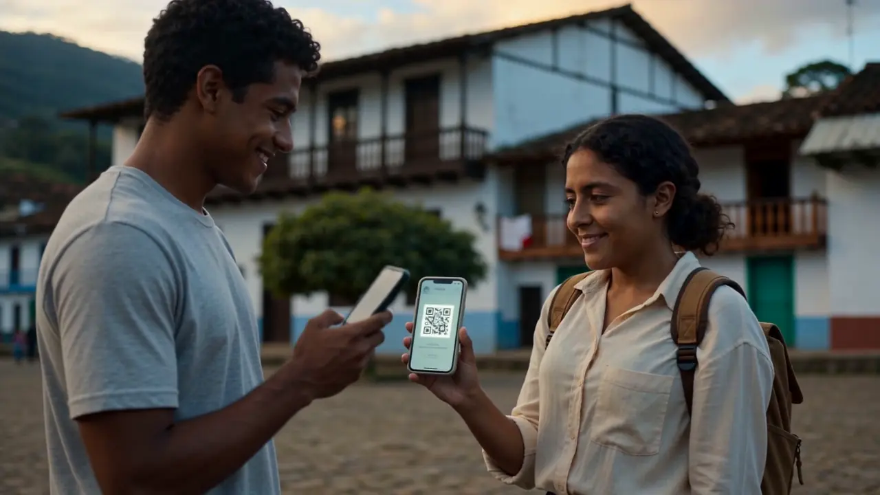 En la plaza del pueblo, al atardecer, la mujer joven del recorrido le muestra el código QR de su celular a un joven que lo escanea con el suyo.